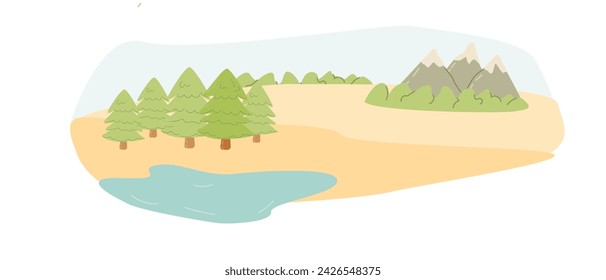 beautiful summer scenery of forest and mountain with lake landscape. Vector illustration for travel in nature concept. 