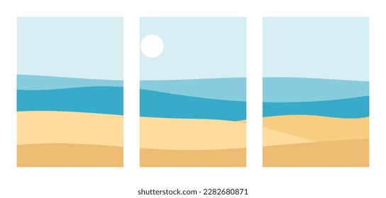 Hermoso paisaje marino de verano, afiches contemporáneos con playa, arena, cielo, sol, océano. Ilustración del vector