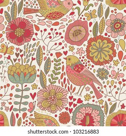 Beautiful summer seamless pattern. Birds in flowers