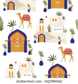 Beautiful summer seamless pattern with camel, house, plants, palm leaves and Moroccan entry doors on a bright background. Moroccan riads. Cartoon characters. 