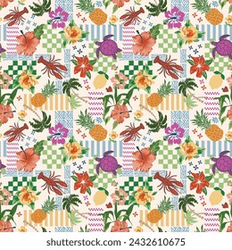 Beautiful summer seamless pattern with hand drawn flower fruit turtle lobster on checkerboard background