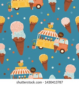 Beautiful summer seamless pattern with ice cream, bus, dots. Childish and Happy birthday style. Good for wrapping paper. Cartoon characters. 