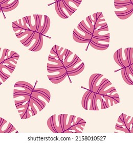 A beautiful summer seamless pattern with palm leaves in on-trend colors, pink and purple on a light background