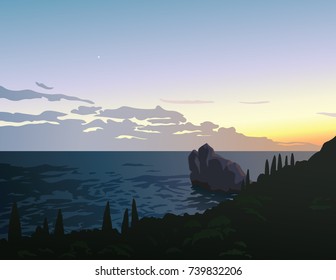 Beautiful summer seascape. Sunset. View of the coastline into the sea bays with stone island. First little star in the twilight sky. Crimea. Simeiz. Vector illustration. Scene for your design.