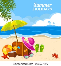 Beautiful summer seaside view poster with beach sunny day with sand umbrella and palm leaves holidays vector illustration. 