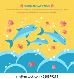 Beautiful summer seaside view poster in flat style with beach, dolphins and seashells. Holidays vector illustration. Polka dot background. Blue waves. Dolphins jumping in waves.