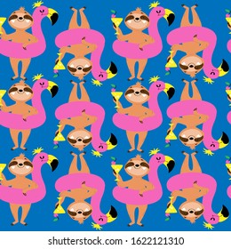 Beautiful summer sloth on a pink flamingo holds a cocktail seamless pattern on a blue contrasting background