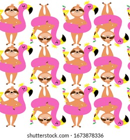 Beautiful summer sloth on a pink flamingo holds a cocktail seamless pattern on a white background. Summer concept