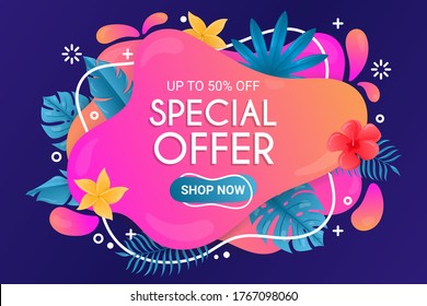 Beautiful Summer Special Offer background. Summer sale banner template summer abstract geometric background with tropical leaves and flowers.