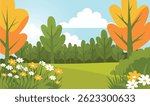 Beautiful Summer Spring Nature Landscape with Trees and Blossom Flowers in the Park
