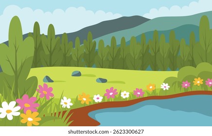 Beautiful Summer Spring Nature Landscape with Hill River View and Blossom Flowers in the Park
