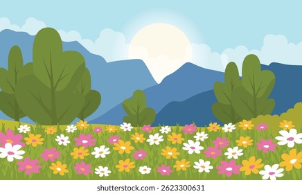 Beautiful Summer Spring Nature Landscape with Mountain View and Blossom Flowers at Sunrise