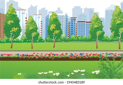 Beautiful summer street view with many flowers. Vector illustration.