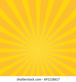 Beautiful Summer Sunburst Background. Yellow Rays Pop Art Background. Retro Vector Illustration. Sun Rays, Sunburst On Orange Color Background. Sunburst Pattern. Radial Bright Sun Burst Background.