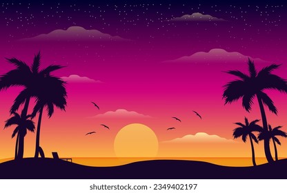 Beautiful summer sunset beach with palm tree  sea view and seascape  