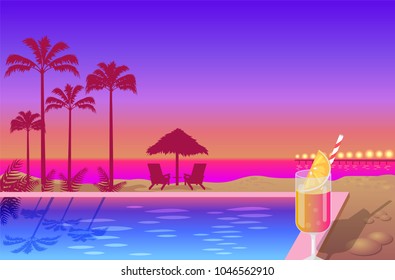 Beautiful summer sunset on cute beach color banner, vector illustration with swimming pool, seascape with palms and umbrella, summer fresh cocktail