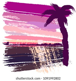 Hermosa puesta de sol de verano y palmera. Ilustración vectorial de atardecer de verano. Puesta de sol estilo pintura al óleo.
