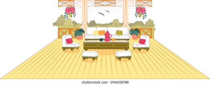 Beautiful Summer Terrace near House. Sofa with Pillows on Wooden Floor, next to Houseplants in Pot. Coffee Table and Chairs in the Middle. Vector Illustration