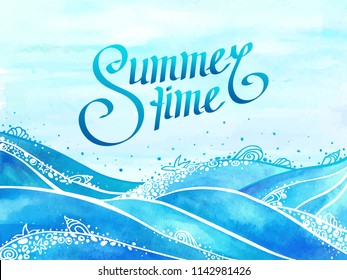 Beautiful Summer time and ocean wave background illustration with calligraphic text. Watercolor of ocean wave, sea wave with ornamental sea foam and seashells on sky background. Horizontal vector card