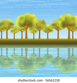 Beautiful summer tree alley reflecting in clear blue water (AI-optimized EPS 8 file, other landscapes are in my gallery)