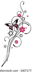 Beautiful summer Tribal Tattoo Ornament with flowers, stars and butterfly.