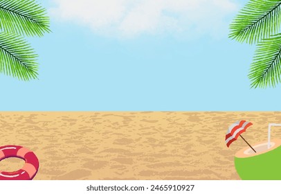 Beautiful Summer Tropical Beach Light Wave Blue and Leaves shadow lay down on sand floor minimal Background Image With Palm Tree Concept Design