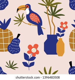 Beautiful summer tropical elements on a bright background seamless pattern. Vector illustration.