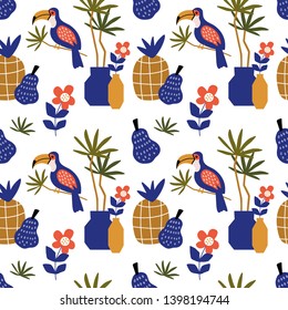 Beautiful summer tropical elements on a bright background seamless pattern. Vector illustration.