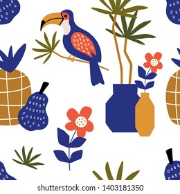 Beautiful summer tropical elements on a bright background seamless pattern. Vector illustration.