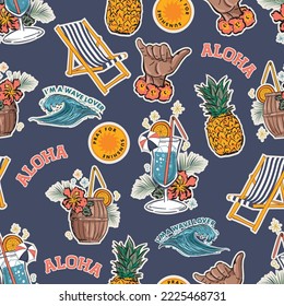 Beautiful Summer tropical Hawaii Aloha island , Beach Vibes Seamless pattern Vector Illustration ,Design for fashion , fabric, textile, wallpaper, wrapping and all prints 