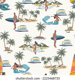 Beautiful Summer tropical Hawaii Aloha island , Beach Vibes Seamless pattern Vector Illustration ,Design for fashion , fabric, textile, wallpaper, wrapping and all prints 