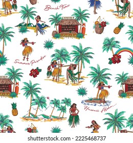 Beautiful Summer tropical Hawaii Aloha island , Beach Vibes Seamless pattern Vector Illustration ,Design for fashion , fabric, textile, wallpaper, wrapping and all prints 