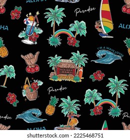 Hermosa isla tropical de Hawaii Aloha , Beach Vibes Patrón sin Marea Vector Ilustración ,Diseño de moda , tela, textil, papel pintado, envoltura y todas las impresiones 