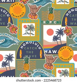 Beautiful Summer tropical Hawaiian sign , Beach Vibes Seamless pattern Vector Illustration ,Design for fashion , fabric, textile, wallpaper, wrapping and all prints 