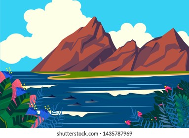 beautiful summer tropical landscape, vector illustration, flat style