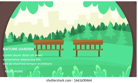 Beautiful summer with two chair in green garden background. Flat Vector Illustration. Flat Design Background. Web vector illustration. Vector Background.