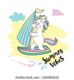 Beautiful summer unicorn sails on a boat and the inscription summer vibes