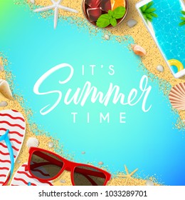 Beautiful summer vacation background. Top view on red sun glasses, seashells, cocktail, smartphone, flip flops and sea sand. Vector illustration. Concept of summer beach recreation.