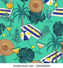 Beautiful Summer vacation holiday colorful and bright color icons in hand drawn style for fashion fabric and all print seamless pattern vector on gren mint background