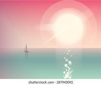 beautiful summer vacation ocean view vector illustration with sailing boat on pink sunset