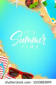 Beautiful summer vacation poster. Top view on red sun glasses, seashells, cocktail, smartphone, flip flops and sea sand. Vector illustration. Concept of summer beach recreation.