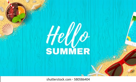 Beautiful summer vacation web banner. Top view on seashells, sun glasses, fresh cocktail, smartphone and sea sand on wooden texture. Vector illustration.