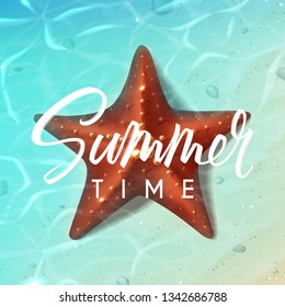 Beautiful summer vector background. Holiday background with realistic starfish on beach in sea water. Vector illustration.