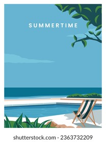 schöne sommerliche Vektorgrafik mit Meer, Pool Vektorlandschaft Hintergrund flach für Poster, Postkarte, Karte, Grußkarte.