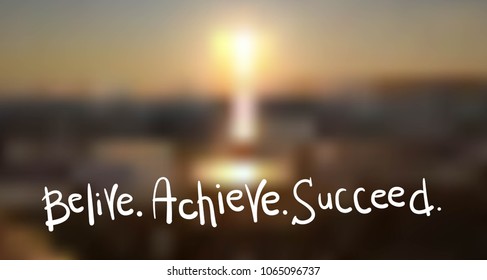 Beautiful summer vector illustration sunset. Blurred photo of black sea. Belive. Achieve. Succeed.