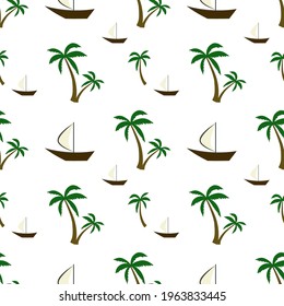 Beautiful summer vector seamless background with palm trees, yachts. Isolated on a white background. Illustration of a summer beach holiday. For textiles, postcards, packaging.