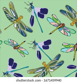 Beautiful summer vector seamless pattern with colorful rainbow, green and blue dragonflies in flight. For printing on fabric, paper surfaces, summer print on postcards, clothes, pattern for season