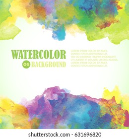 Beautiful Summer Watercolor background. Tropical colors and fresh style. Green, yellow, purple, blue. 