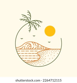 Beautiful Summer Waves Under The Sunshine Monoline Design Illustration for Apparel