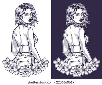 Beautiful summer woman monochrome logotype roses and model standing in bra and shorts for walk in summer resort vector illustration